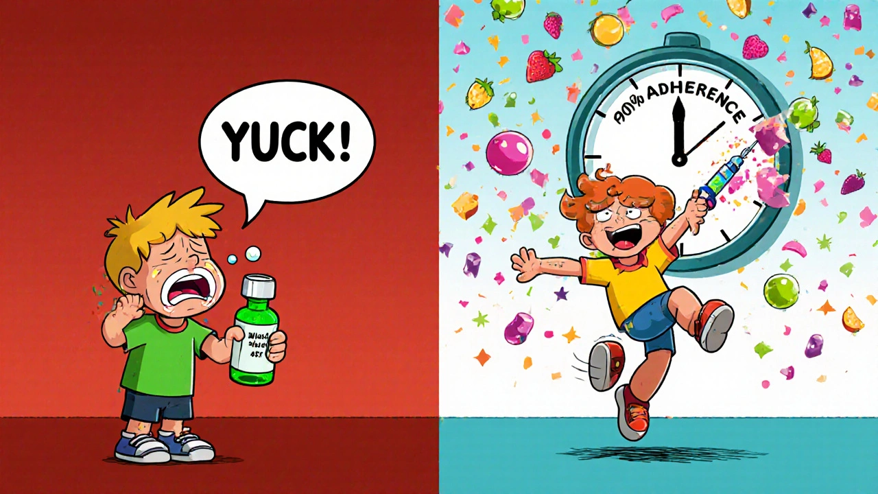 Before-and-after scene: child crying over bitter medicine vs. dancing with flavored medicine and confetti.