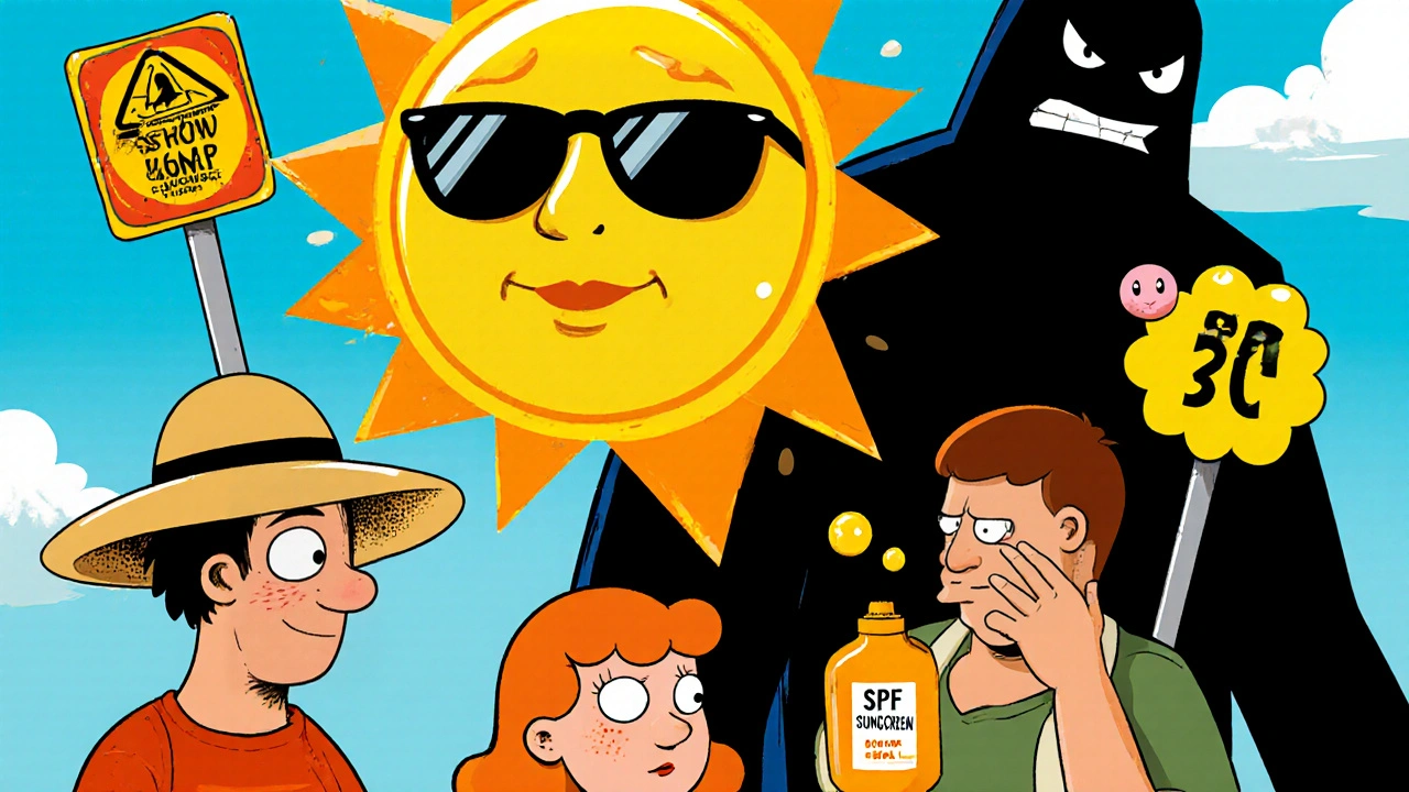 Cartoon people under the sun, one protected, one ignoring it, with a menacing SCC shadow growing behind.