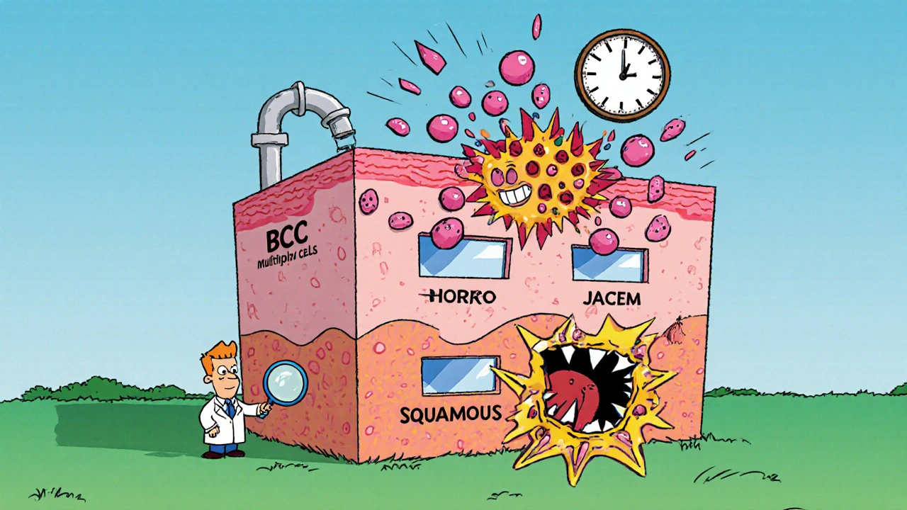 Cartoon skin as a two-story building with basal cells below and bursting squamous cells above, a doctor watching.