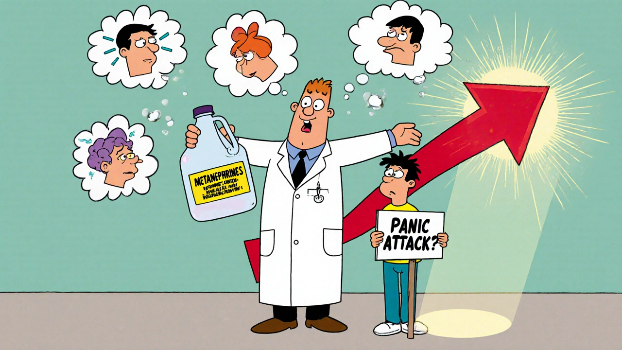 Doctor holding a giant urine jug with a red arrow, while patient surrounded by floating anxiety and migraine symbols.