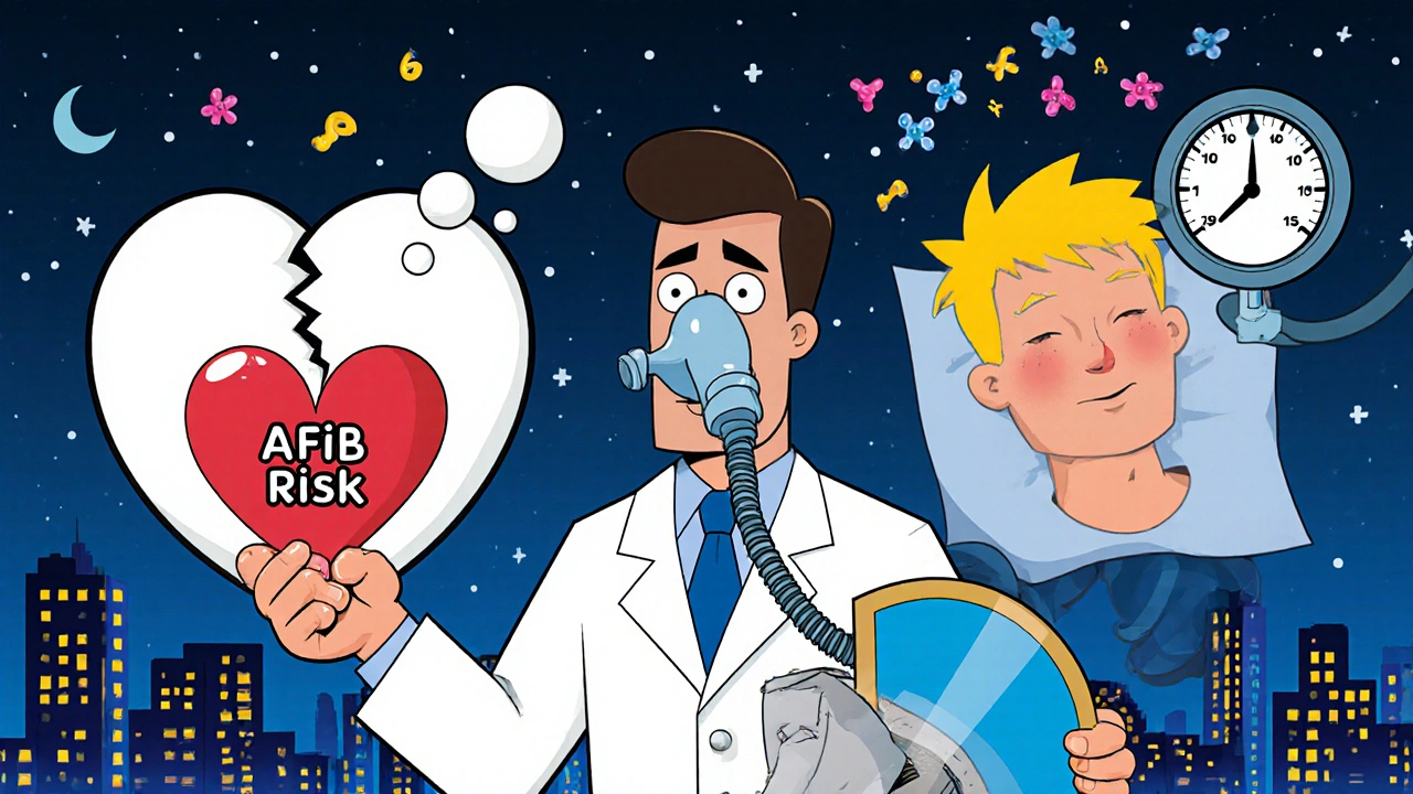 Doctor holding CPAP mask as superhero shield, contrasting unhealthy and healthy hearts