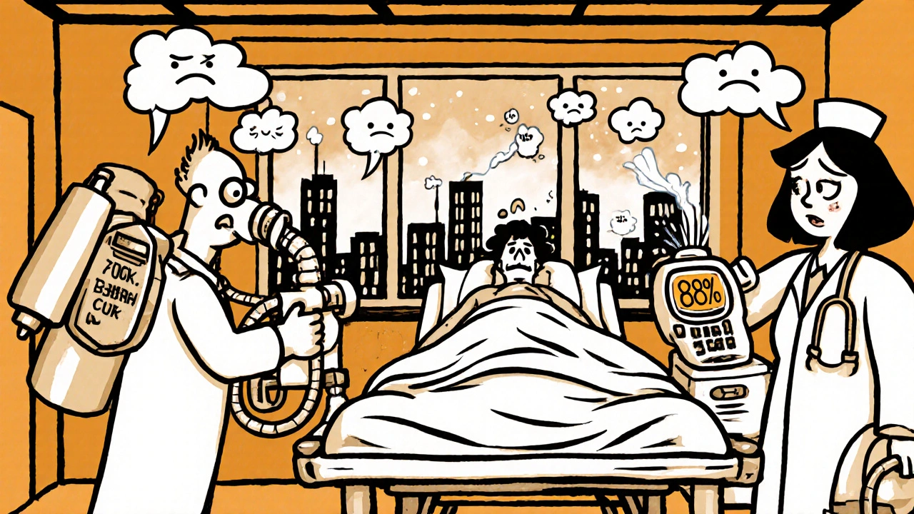 Hospital ER scene with doctors rushing a patient, using cartoonish medical gear, while a glowing oxygen monitor shows low levels.