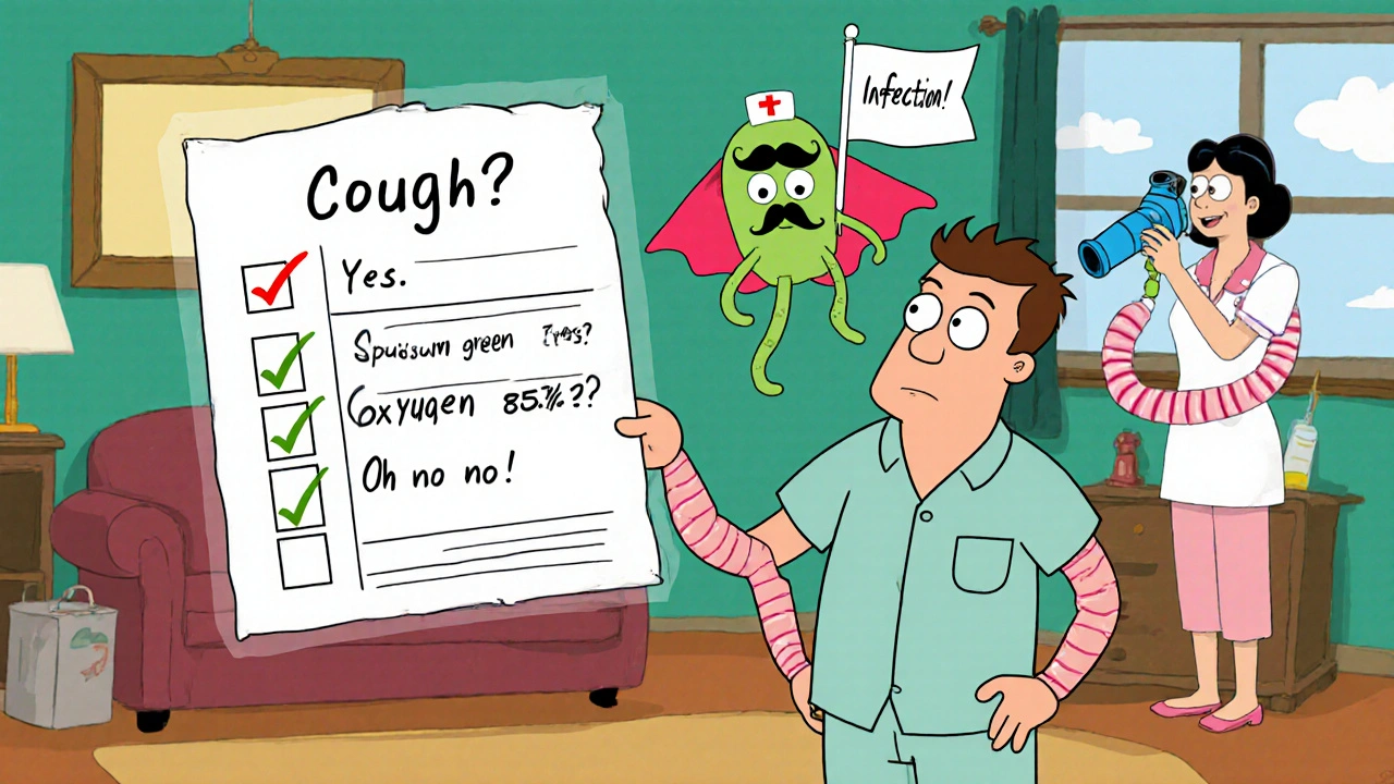 Man in pajamas faces a floating checklist as a cartoon germ causes trouble, while a nurse flies in with an inhaler.