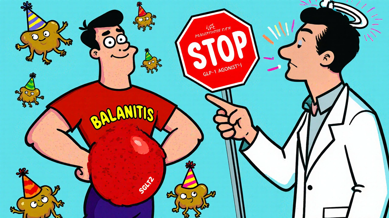 Man with swollen genital area surrounded by yeast cells and a warning pill.