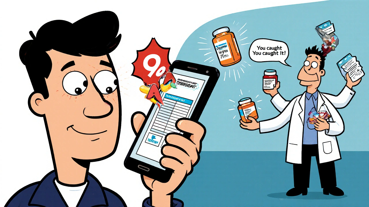 Patient uses a phone app to detect prescription errors as cartoon warning icons pop up around them.