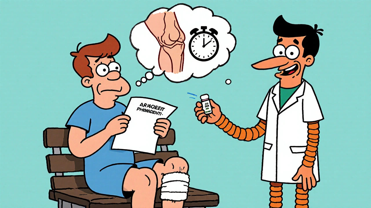 Patient with joint pain holding denial letter as pharmacist offers tiny pill, clock ticking nearby.