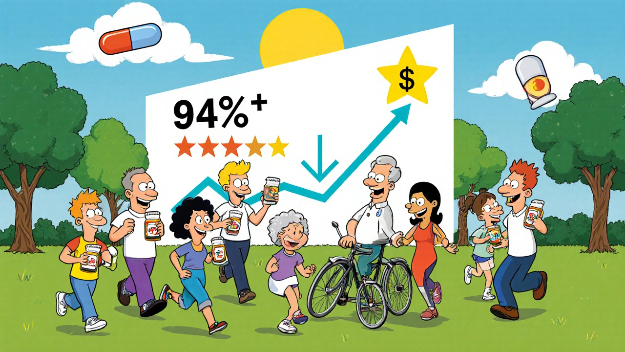 Patients enjoying outdoor activities with pill bottles, animated graph showing high adherence and ratings behind them.