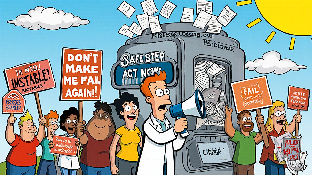 Patients protest insurance machine with signs, doctor leading with megaphone, paperwork falling.