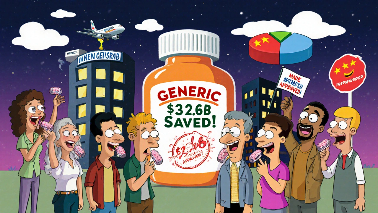 Patients take generic pills as a supply plane flies by, with a savings pie chart in the sky.