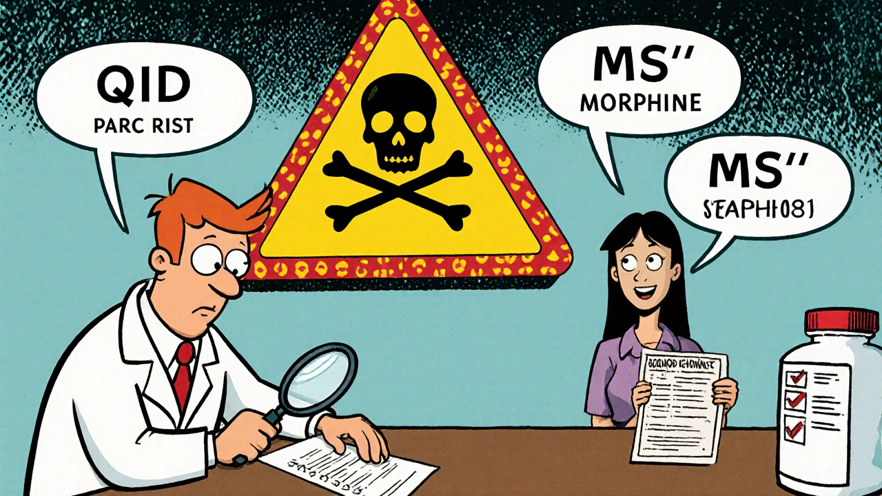 Pharmacist examines a prescription with floating error symbols while patient holds a safety checklist.