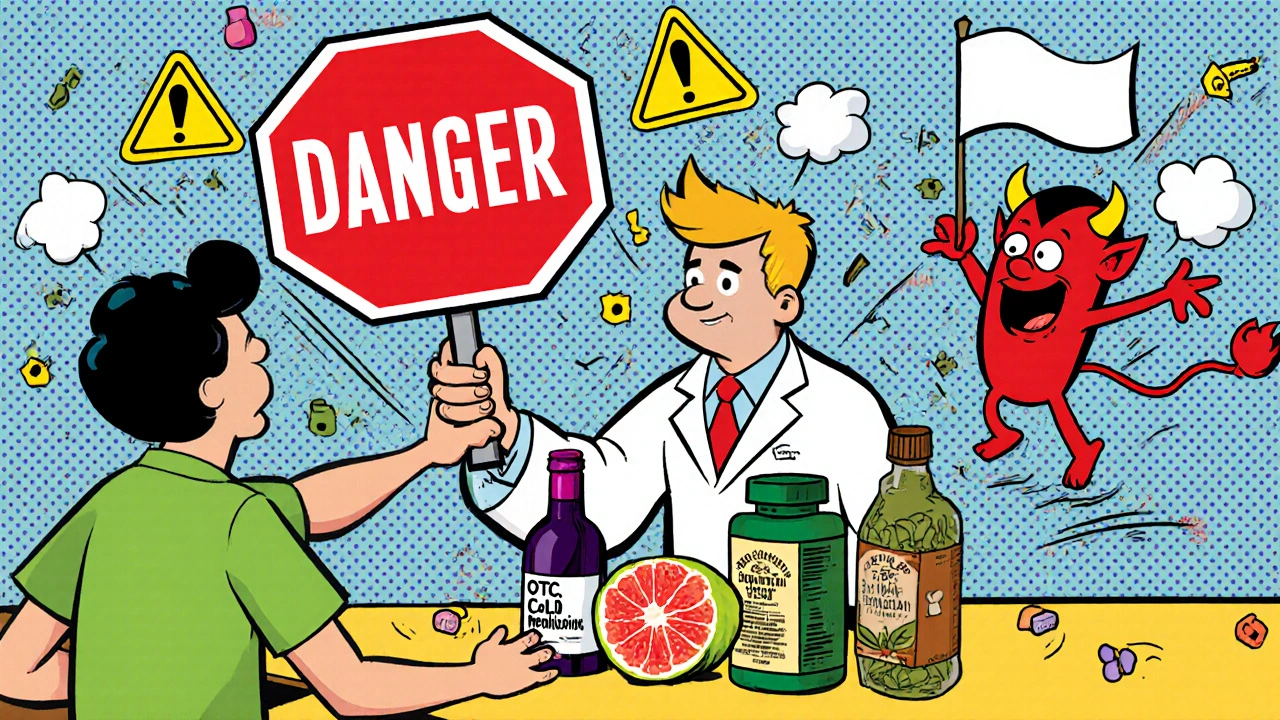Pharmacist stopping a patient from mixing medications with alcohol and supplements, cartoon warning signs everywhere.