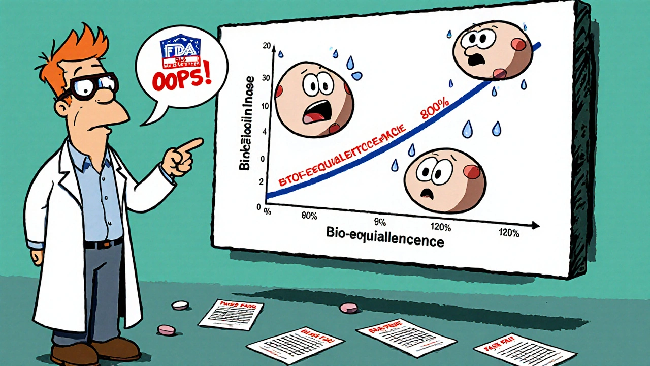 Scientist pointing at a bioequivalence graph while three bouncing drug batches show out-of-range values.
