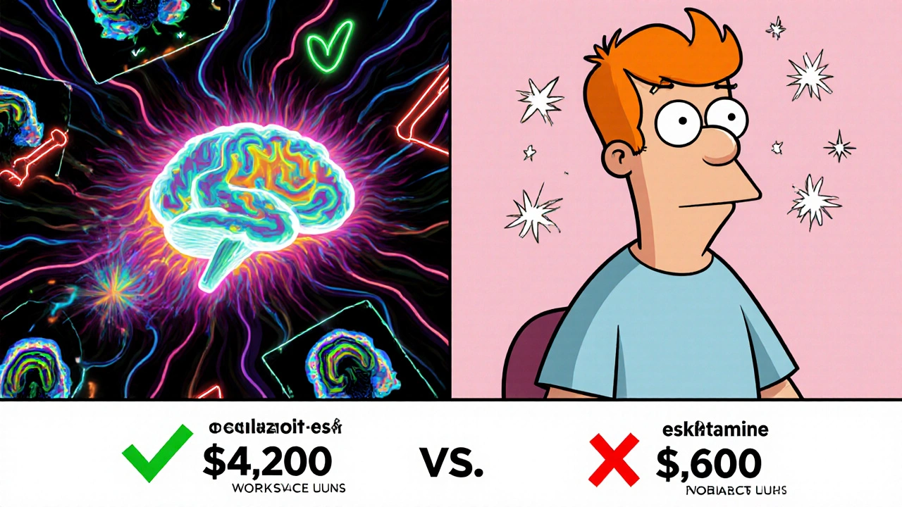 Split scene: one person floats with glowing brain waves from IV ketamine, another calm with nasal spray and price tags comparing costs.