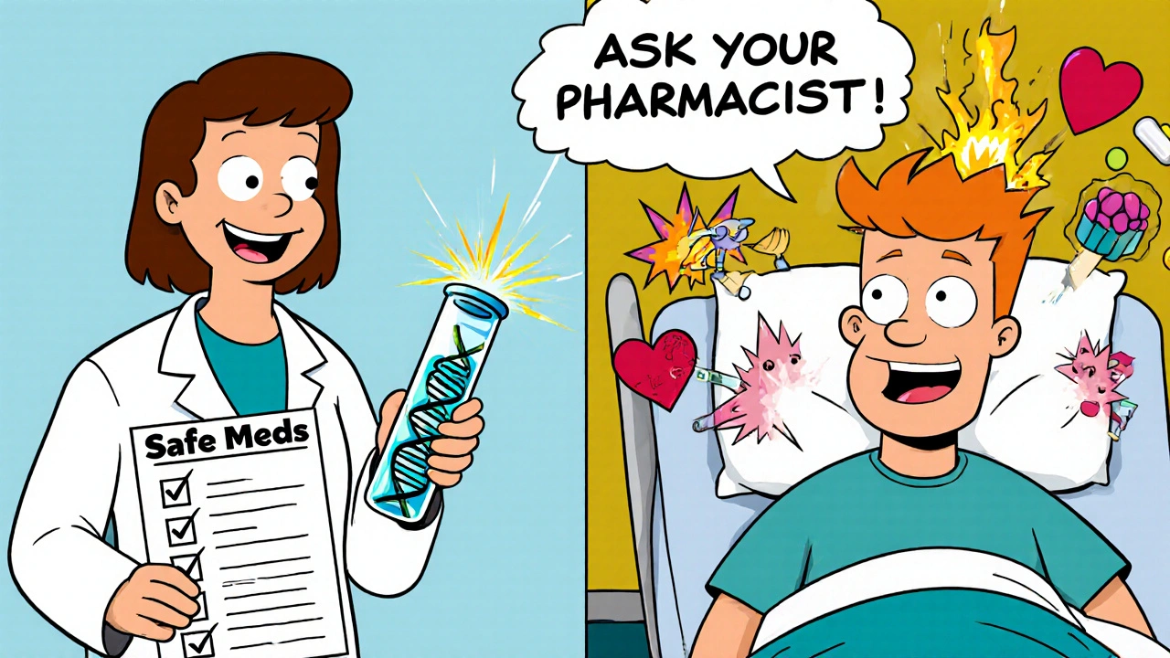 Split scene: safe medication management vs. serotonin syndrome emergency, with DNA test glowing on one side.