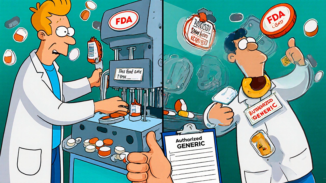 Split-screen of identical pill-making machines, one labeled brand, one generic, with FDA inspector giving thumbs-up.