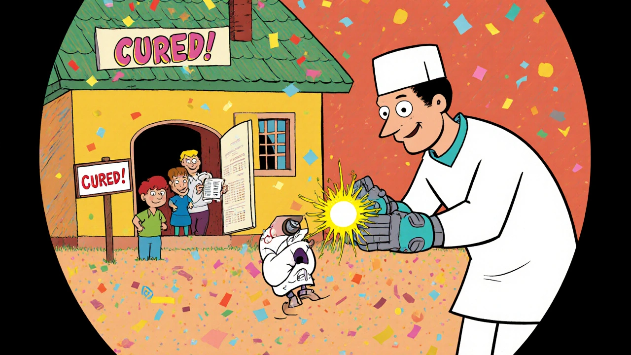 Tiny surgeon removing a glowing tumor via laparoscopic tools, blood pressure drops as confetti falls and family celebrates.