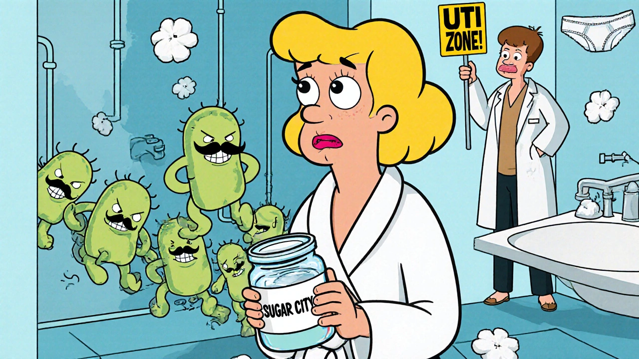 Woman holding sugary urine sample as bacteria march out toward her.