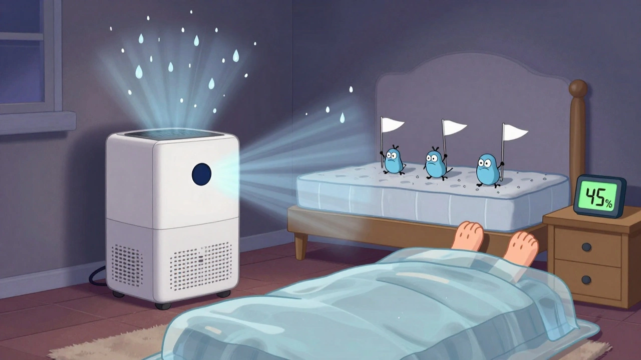 A dehumidifier reducing humidity as dust mites surrender in a bedroom at night.