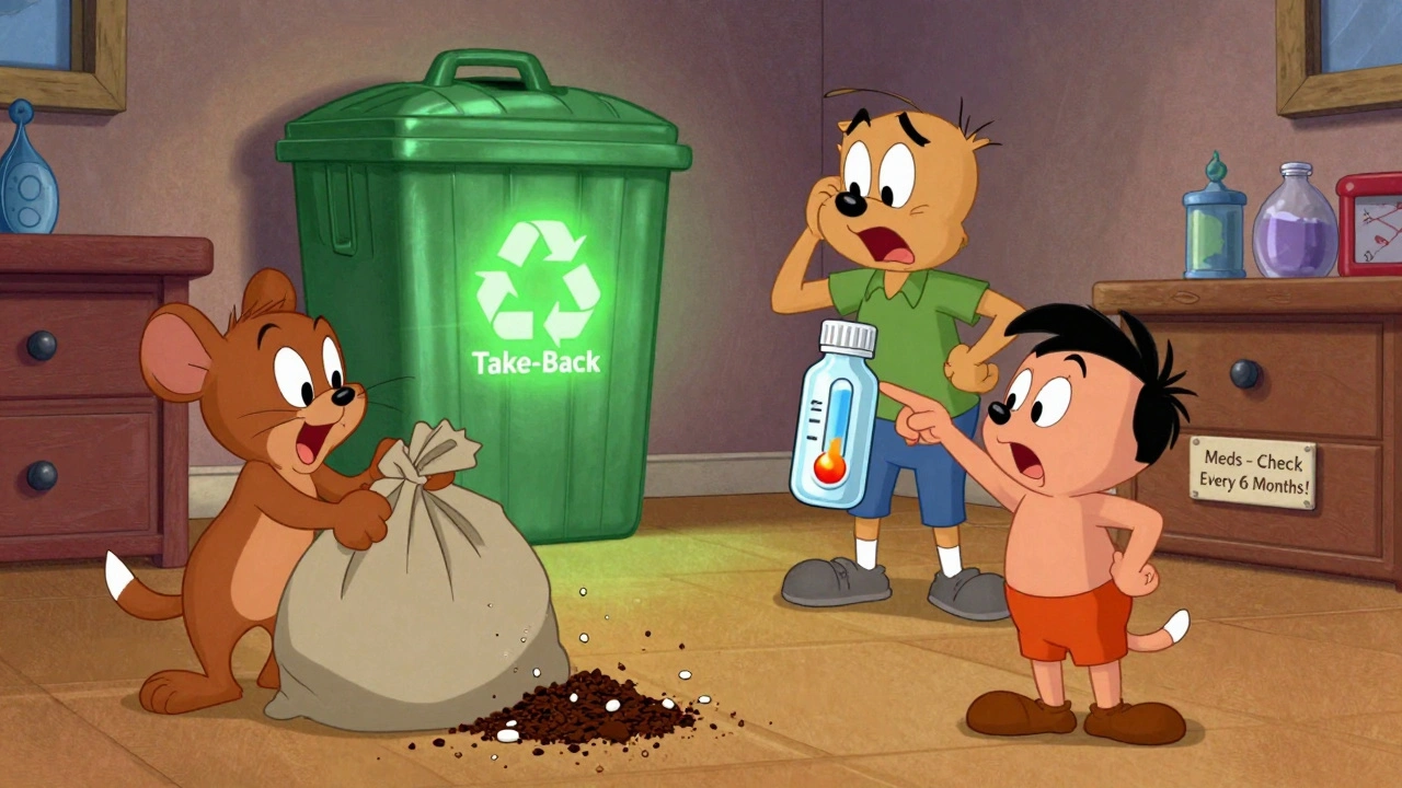 A family disposes of expired medicine with coffee grounds while a recycling bin for pharmacy take-back glows in the distance.