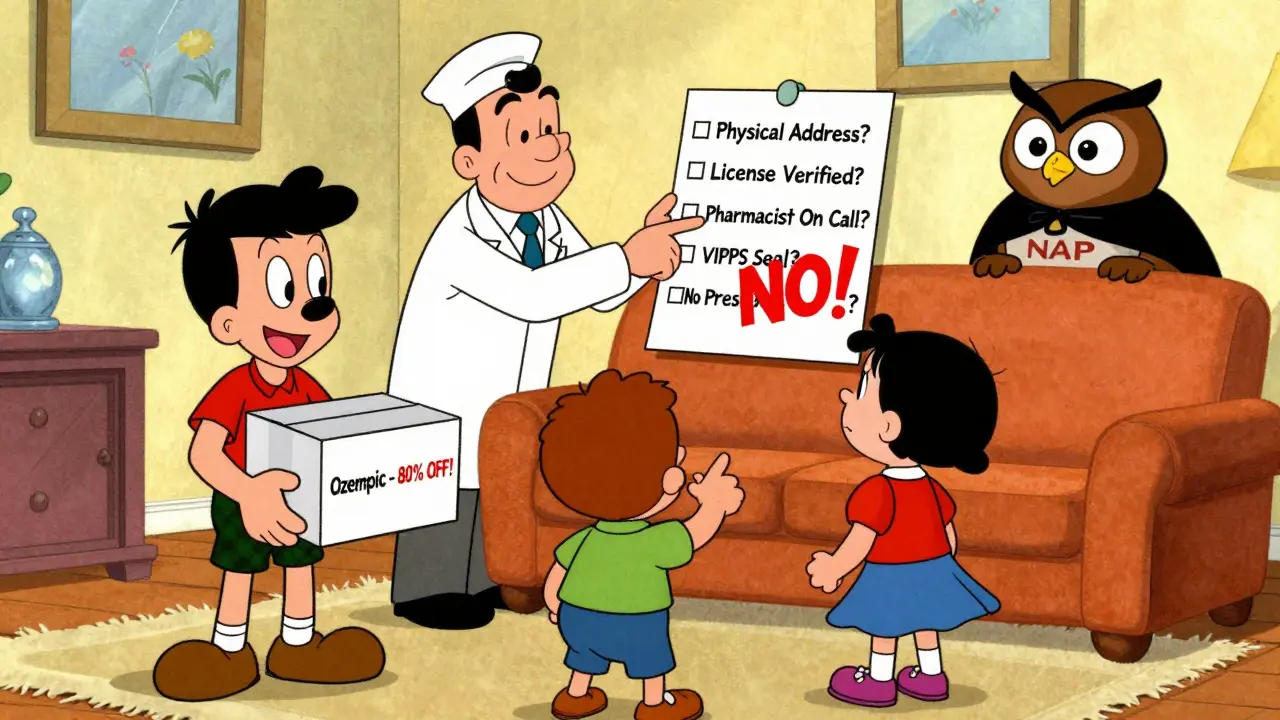 A family examines a suspicious online drug order as a doctor and owl mascot show a safety checklist.