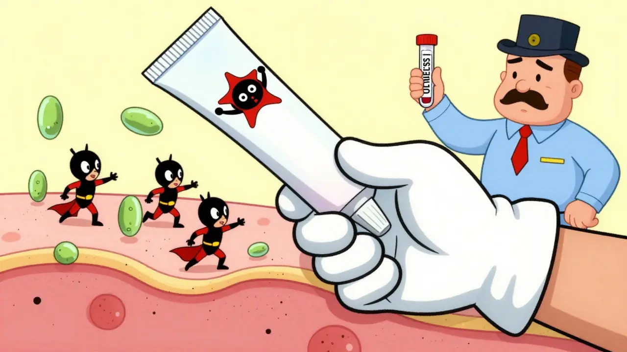 A giant glove squeezing cream into skin layers as nanoparticle superheroes fly inward.