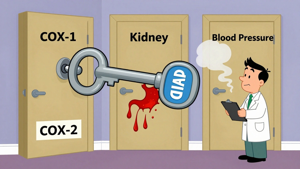 A giant molecular key opening wrong locks in the body, causing stomach and blood pressure issues.