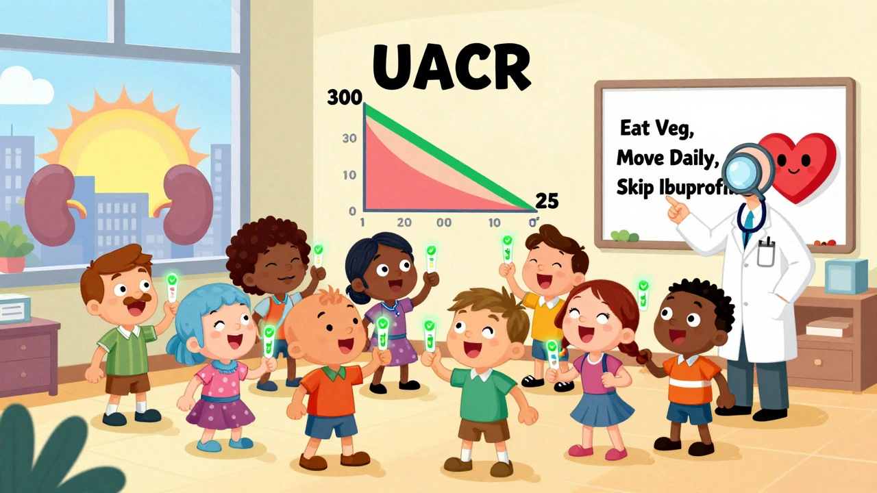 A group of patients cheer as a UACR chart drops from high to normal, with a doctor pointing to healthy lifestyle tips.