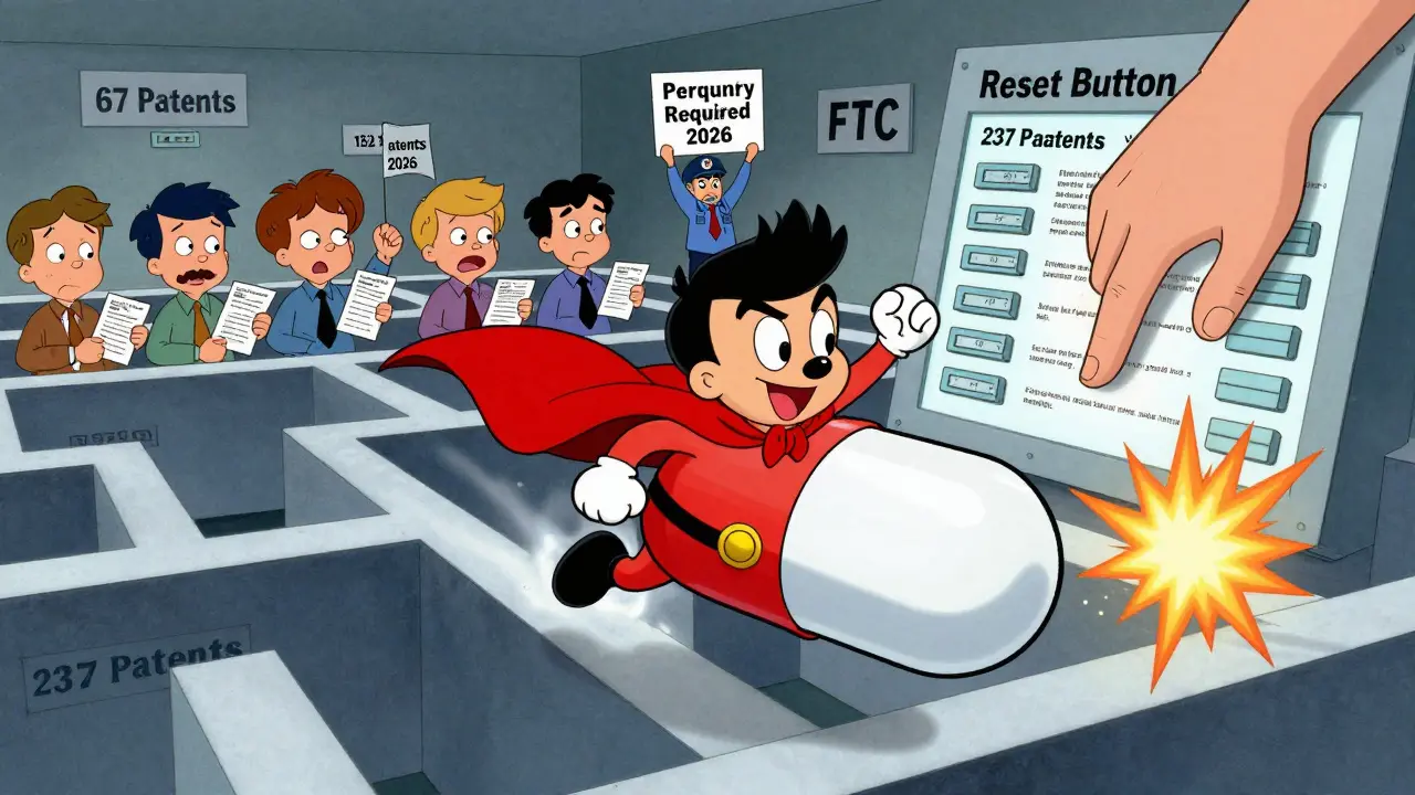 A heroic generic capsule flies through a maze of hundreds of patents as patients cheer below.