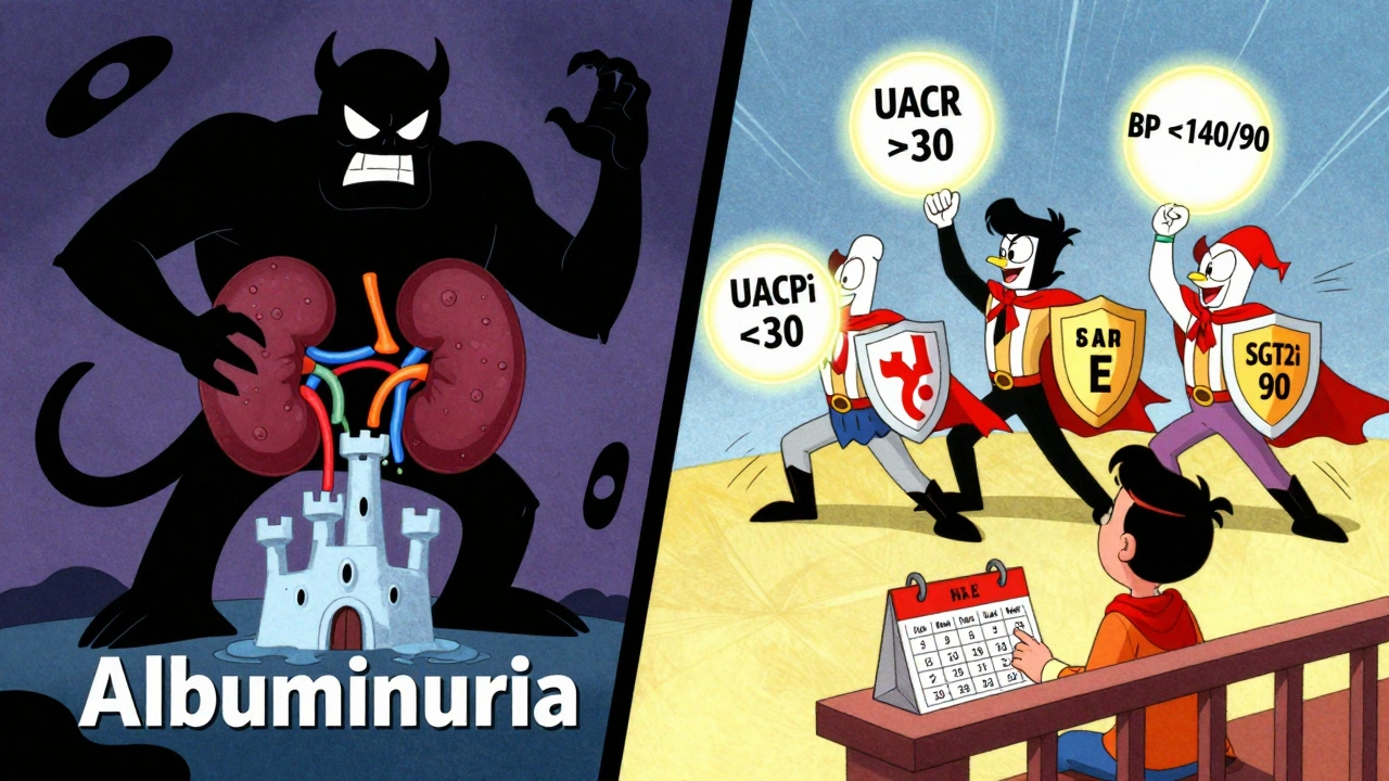 A monster made of protein strands attacks a kidney castle, while three medicine heroes fight back with protective shields.