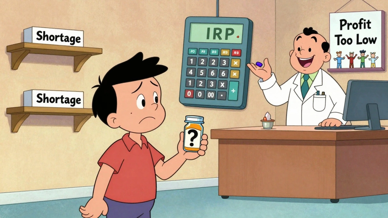 A patient faces a medicine shortage while a pharmacist offers an alternative pill, with a giant IRP calculator in the background.