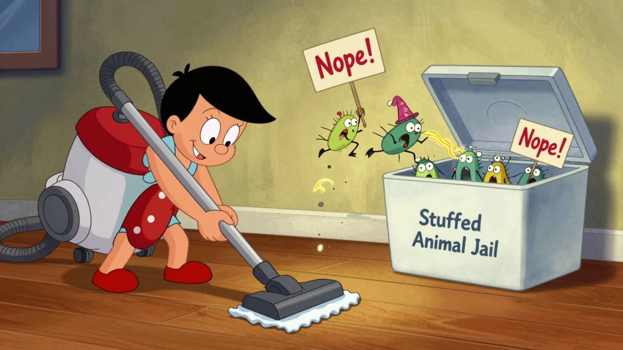 A person vacuuming with a HEPA cleaner as dust mites flee in panic.