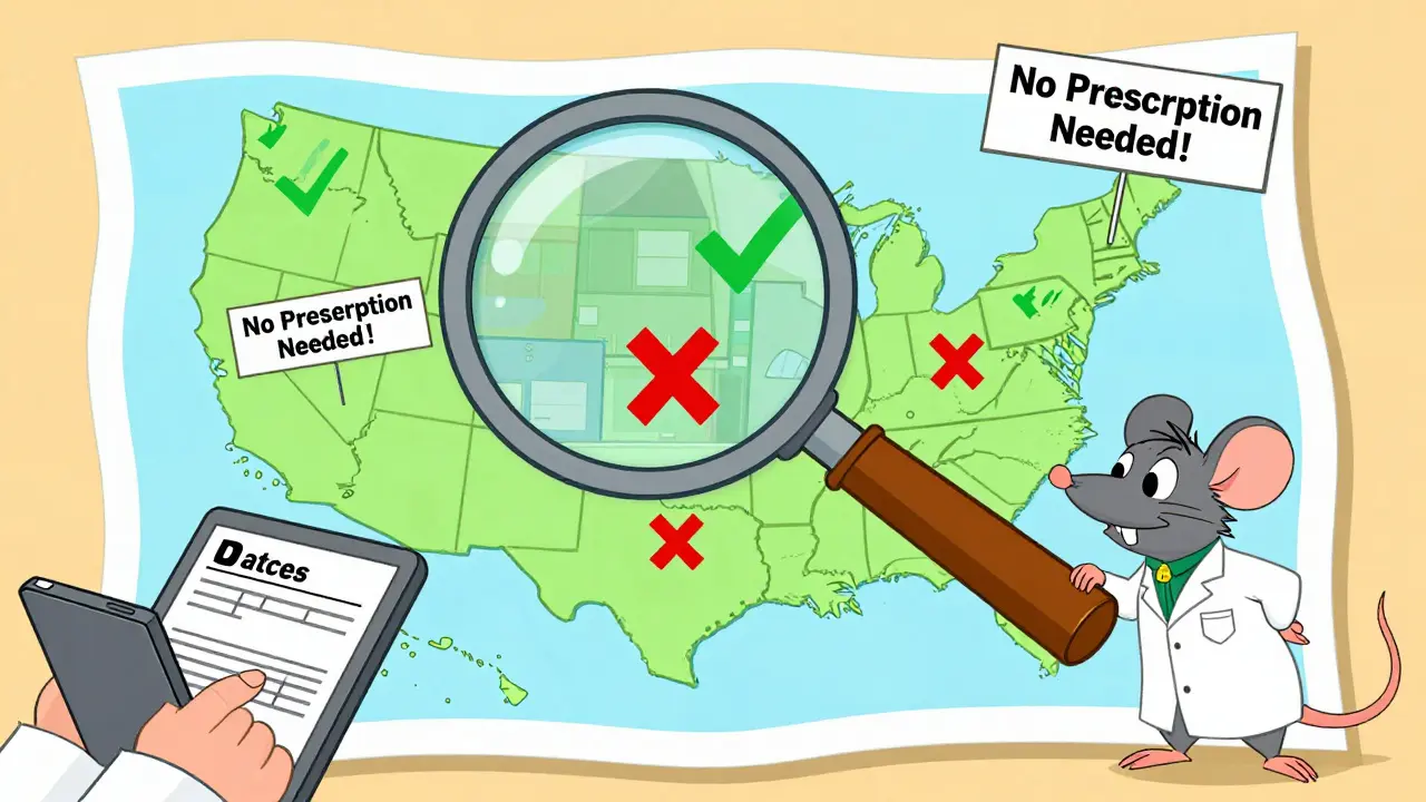 A pharmacist checking licenses on a tablet while fake pharmacies are marked with red X&#039;s on a U.S. map.