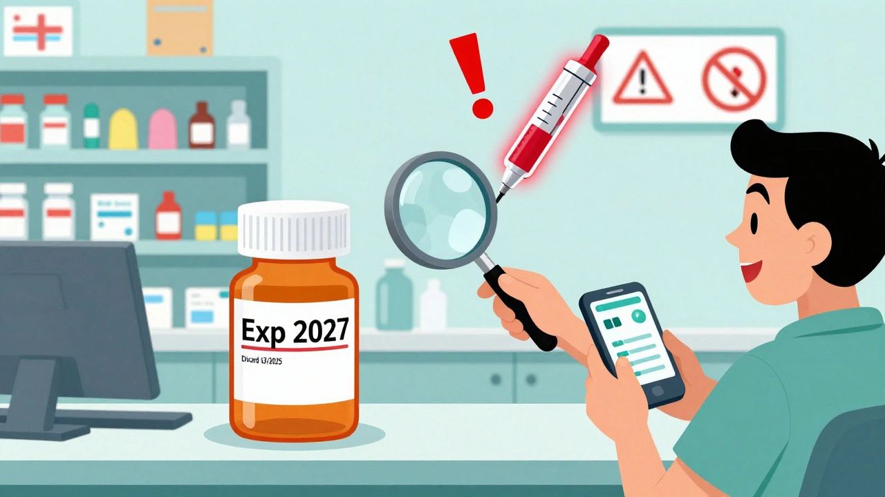 A pharmacist explains two different expiration dates on a prescription bottle, with a glowing insulin pen nearby in a bright pharmacy.