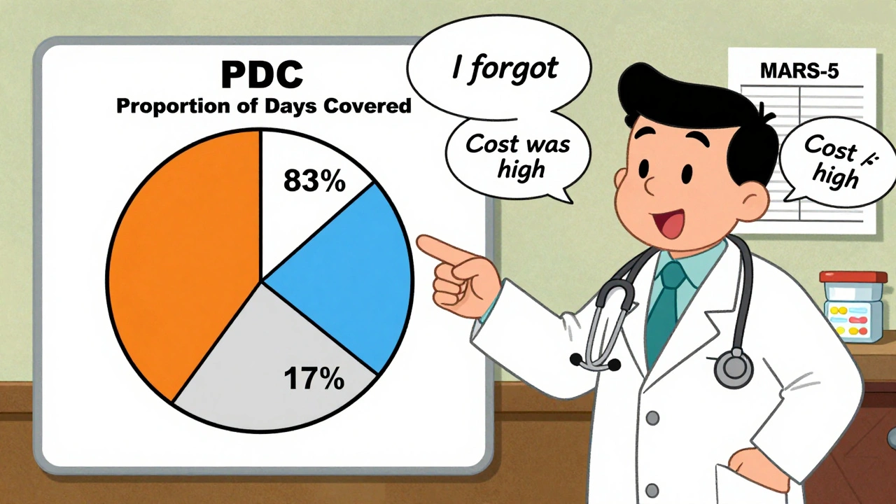A pharmacist showing a pie chart of medication adherence while a patient holds a questionnaire.