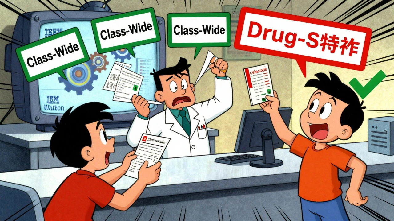 A pharmacist surrounded by color-coded warning signs, with patients receiving different medications safely.