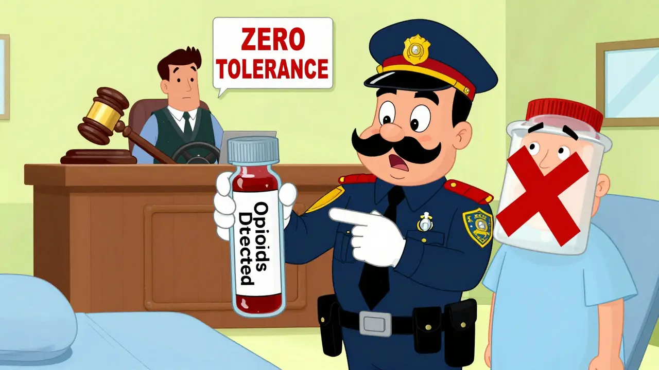 A police officer points at an opioid blood test as a confused patient holds a prescription bottle in a cartoon courtroom.