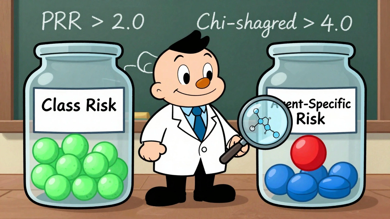 An FDA regulator comparing two jars labeled &#039;Class Risk&#039; and &#039;Agent-Specific Risk&#039; with floating medical data.