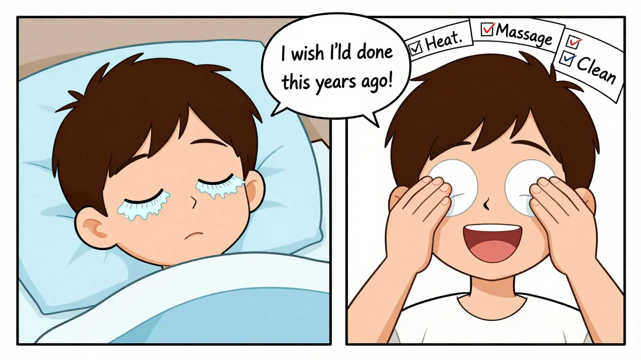Before-and-after cartoon of blepharitis treatment with smiling result.