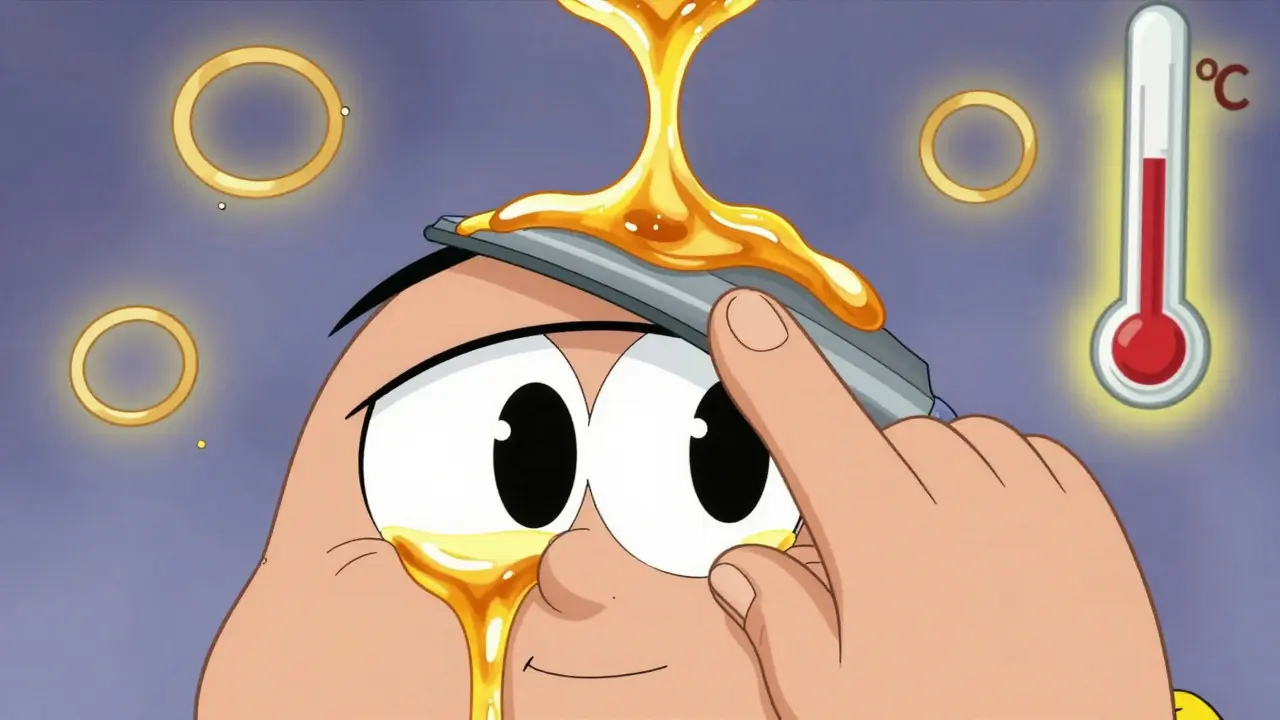 Cartoon eye with oil glands releasing golden fluid during massage.