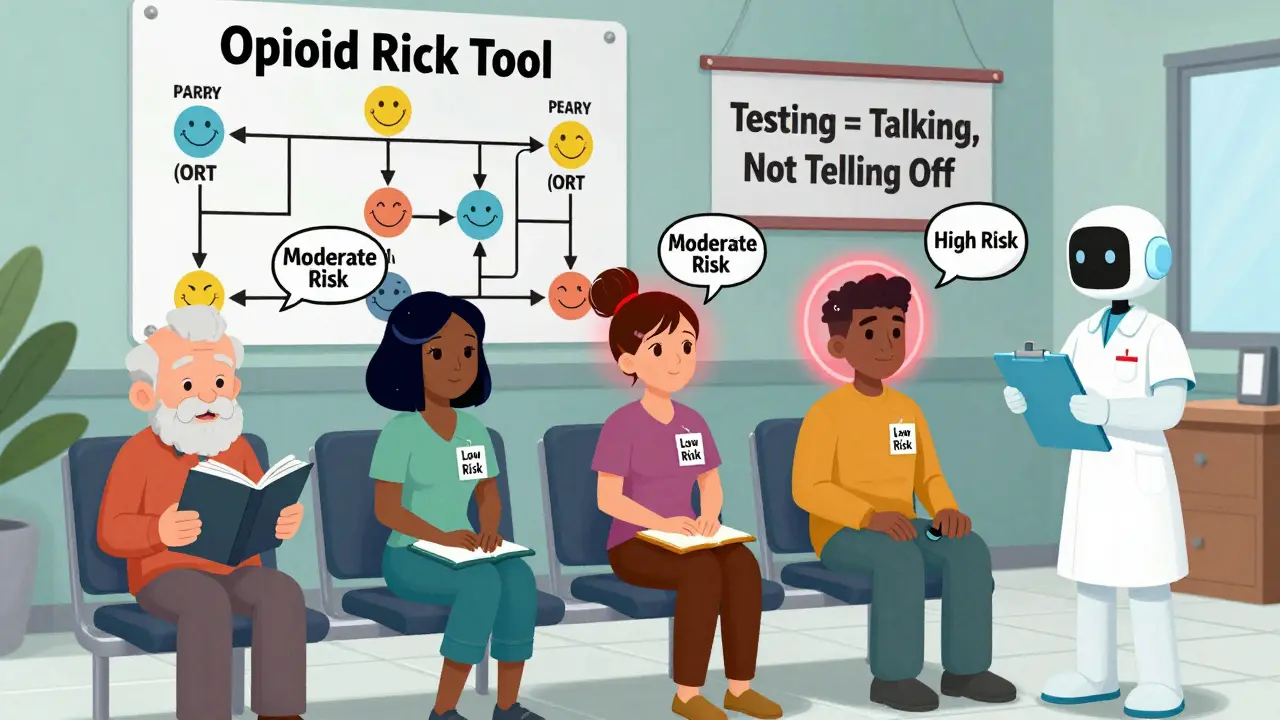Diverse patients with risk badges in clinic, robot nurse handing out schedules, Opioid Risk Tool flowchart on wall.