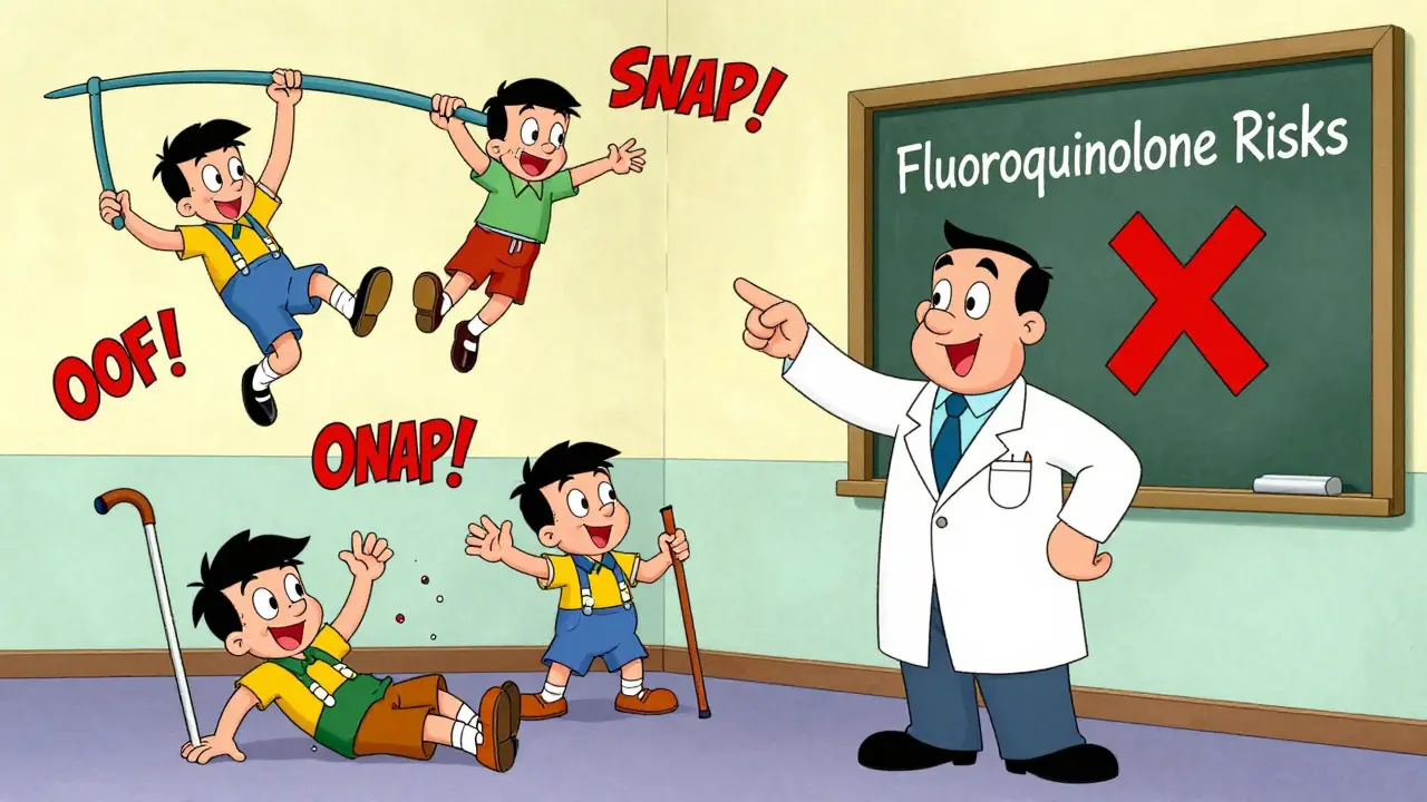 Doctor points at warning board while patients suffer slapstick tendon injuries in cartoon style.