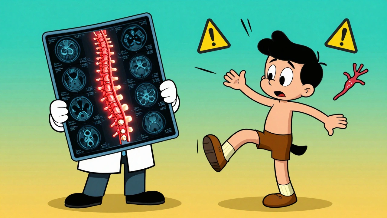 Doctor shows MRI of compressed spinal cord to patient who is losing balance, medical icons floating around.