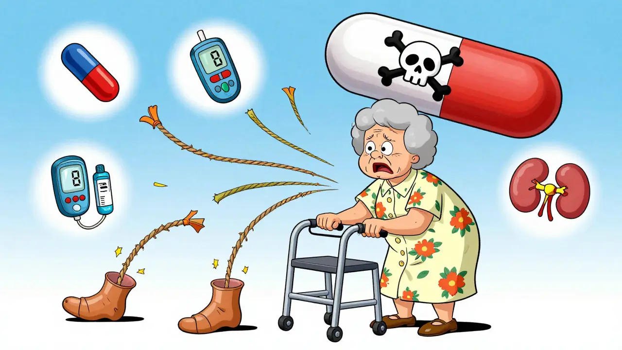 Elderly woman alarmed as tendons unravel like ropes, with pill and medical icons floating nearby.