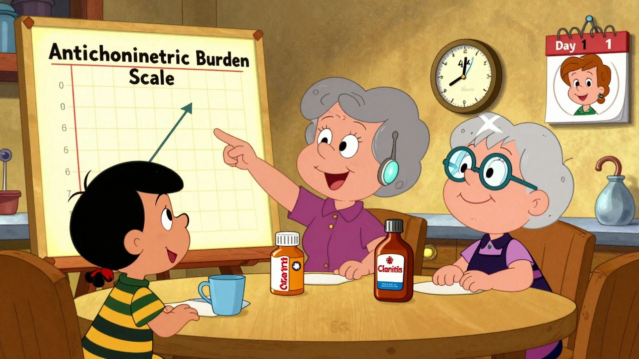 Family and pharmacist reviewing medication chart at kitchen table, grandmother swapping Benadryl for Claritin, clock ticking 48 hours