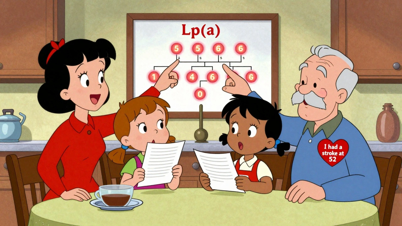 Family at table discussing genetic Lp(a) risk with a chart and blood test.