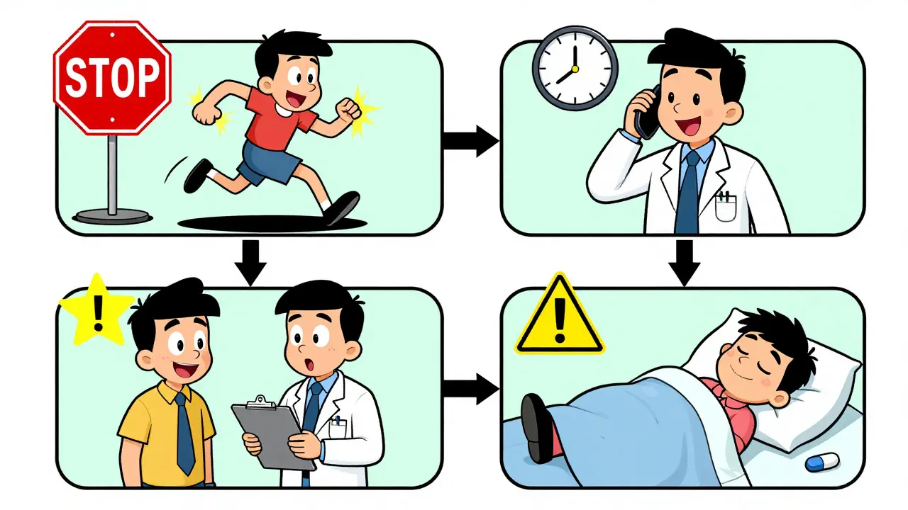 Four-tier decision flowchart showing safe vs. dangerous medication responses in cartoon style.