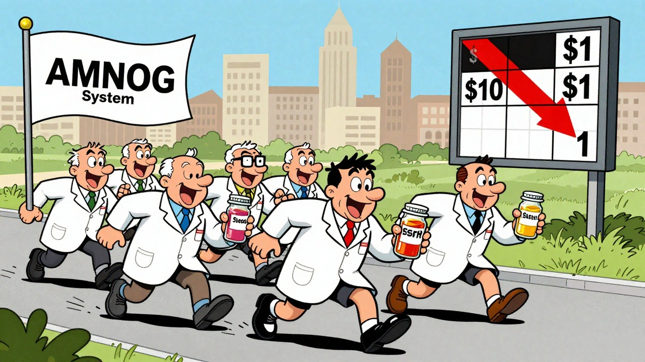 Generic drug makers race to lower prices, with Germany’s AMNOG system as the finish line in a retro cartoon scene.