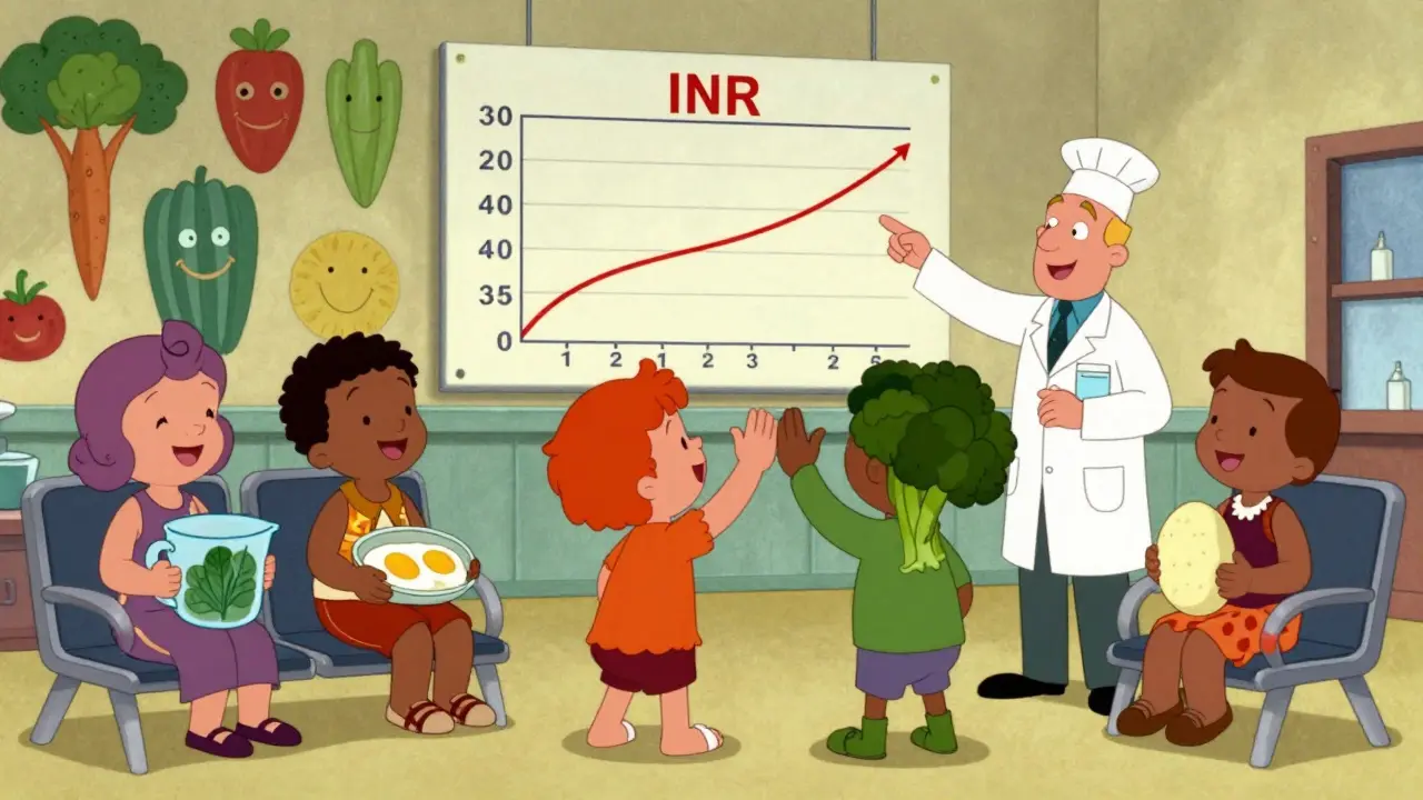 Group of patients high-fiving in clinic as pharmacist shows INR stabilizing on a floating chart.