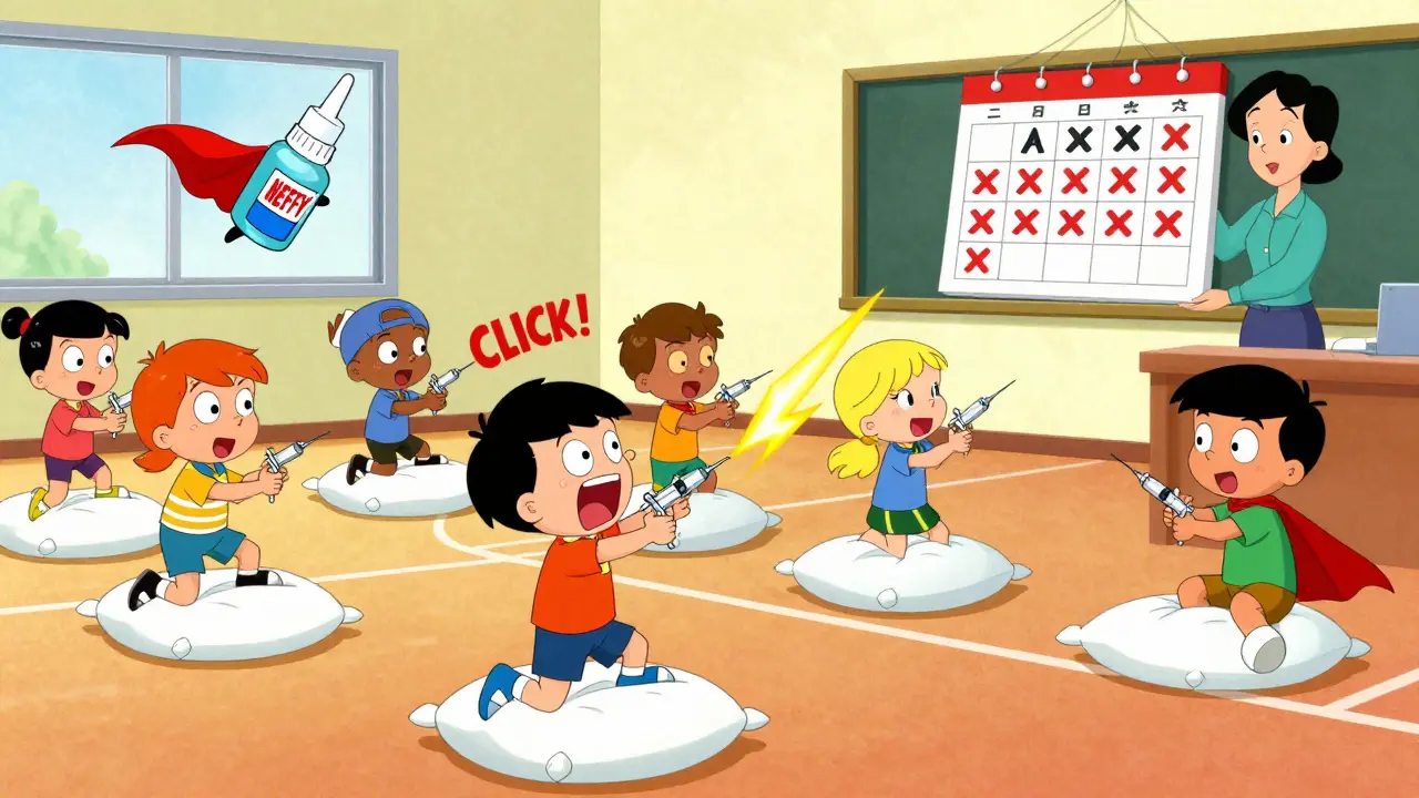 Group practicing epinephrine injection on pillows in a school gym, with a nasal spray device nearby.