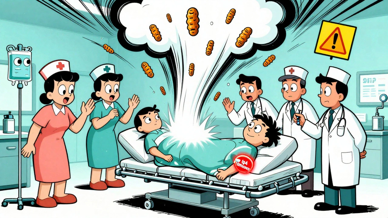Hospital scene with a patient having an allergic reaction, surrounded by cartoonish medical staff and floating warning symbols.
